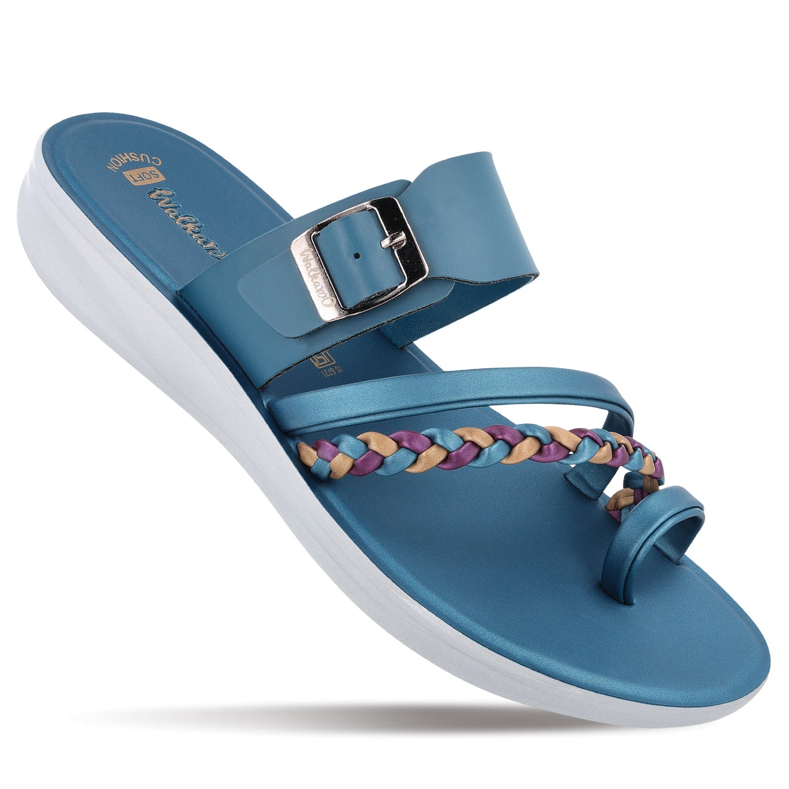 A peacock blue women's sandal with multiple straps and a buckle closure, featuring a white sole and a multicolored braid on the straps.