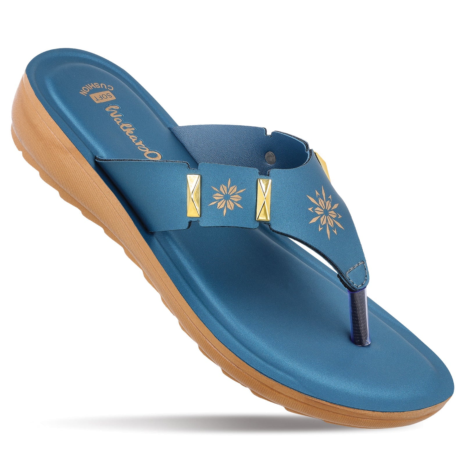 A peacock blue sandal with a flat sole and toe thong, featuring floral patterns on the strap.