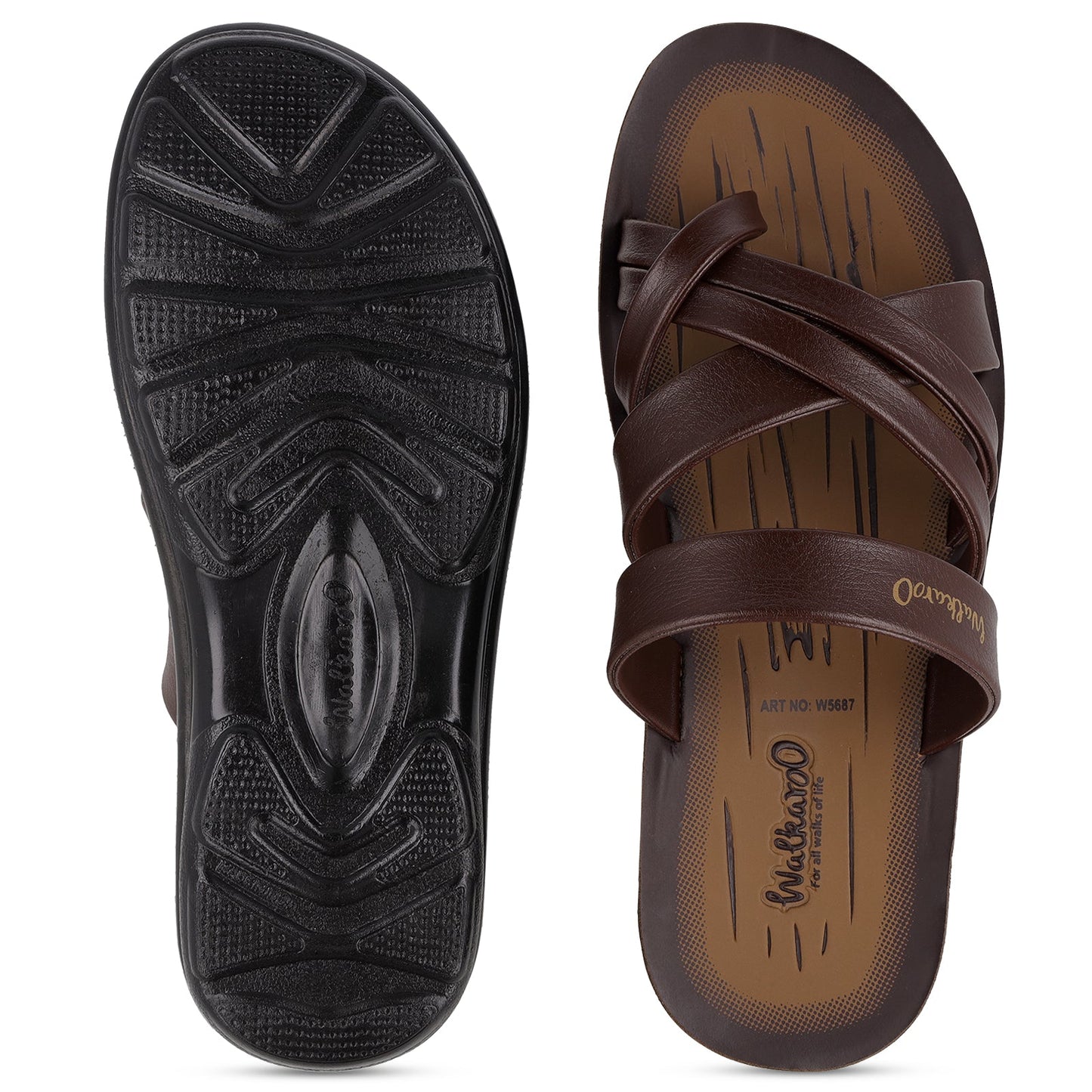 Walkaroo Men Cross Strap Slide Sandals - W5687 S Brown - Walkaroo Footwear